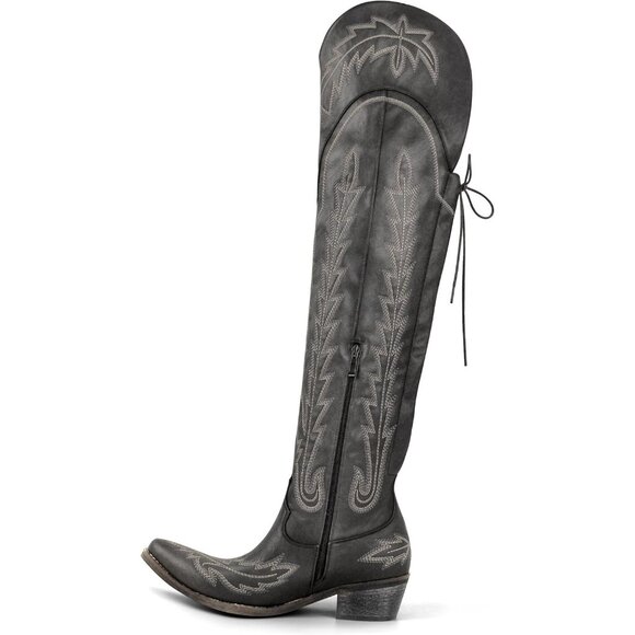 Women's Black Over the Knee Cowboy Boots Adjustable Thigh High Cowgirl Boots - Picture 4 of 6